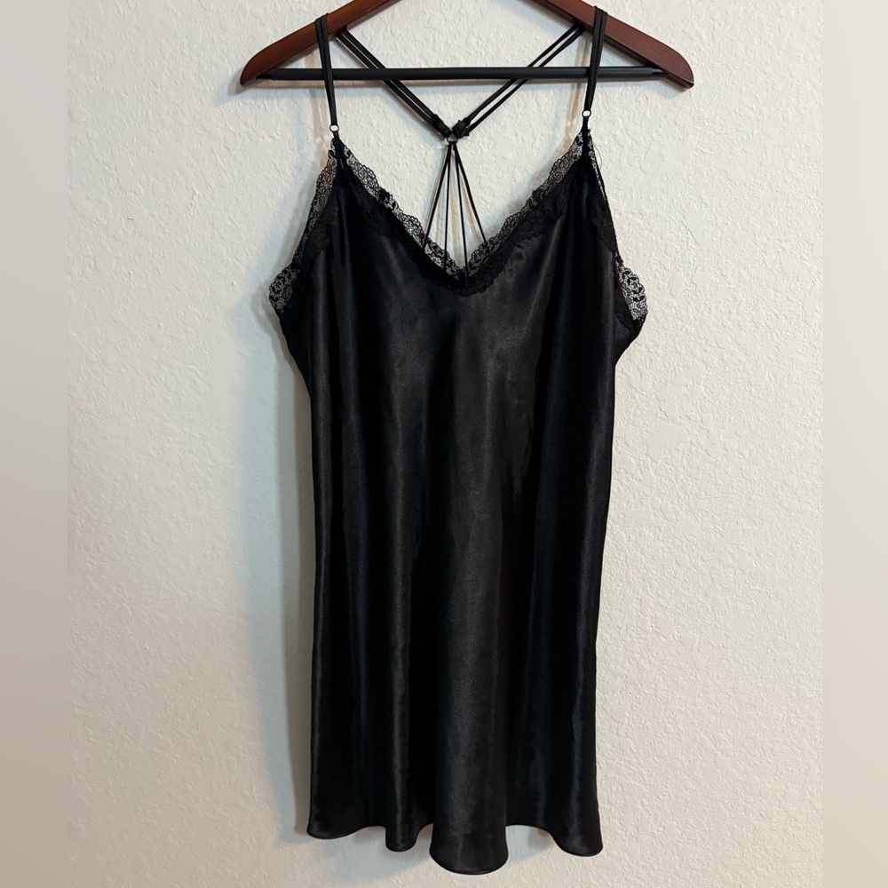 Lilac+London Black Satin Lace-Trim Slip Dress